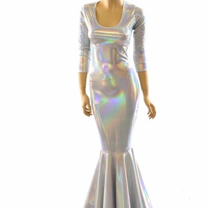 Glamorous, Bombshell Flashbulb Holographic Gown with Scoop Neckline, 3/4 Sleeves and Puddle Train 152025 image 5