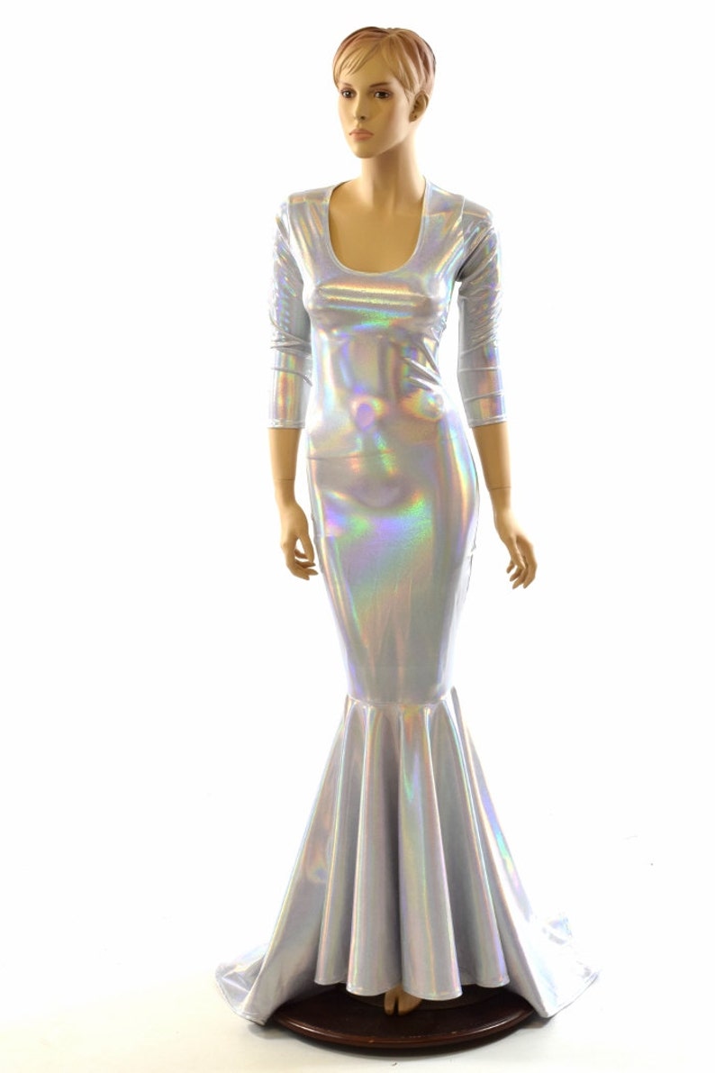 Glamorous, Bombshell Flashbulb Holographic Gown with Scoop Neckline, 3/4 Sleeves and Puddle Train 152025 image 5