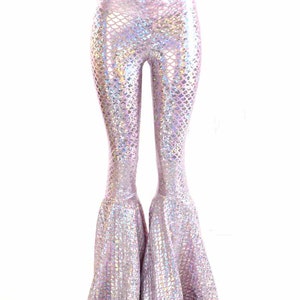 Bell Bottom Flares in Baby Pink and Silver Mermaid Scale Leggings with High Waist & Stretchy Holographic Nylon Spandex Fit 150942