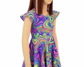 Girls Neon Glow Worm Print Skater Dress with Flip Sleeves  154935