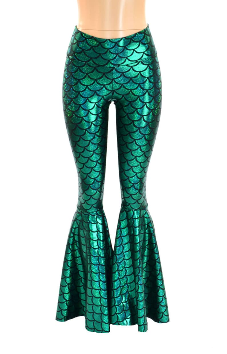 High Waist Mermaid Bell Bottom Flares in Green Dragon Scale 150305 image 3