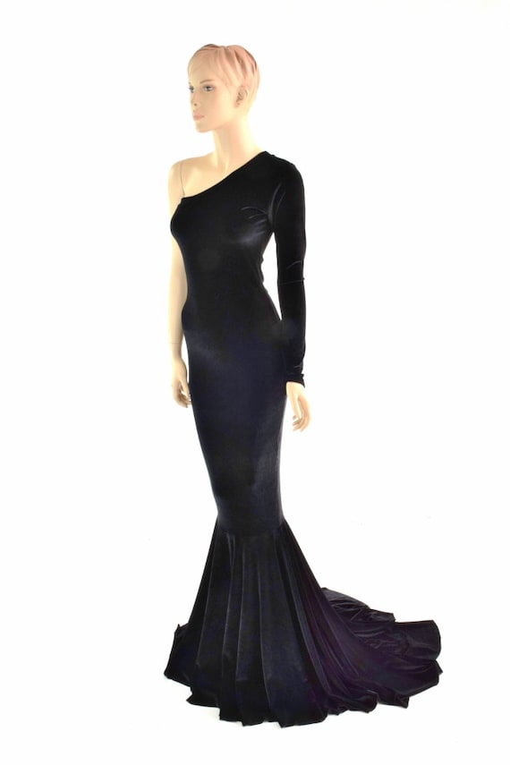 Dramatic Black Stretch Velvet One Shoulder Gown With Puddle Train 152380 Etsy Canada