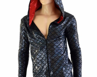 Mens Long Sleeve Black Dragon Zipper Front Top With Red