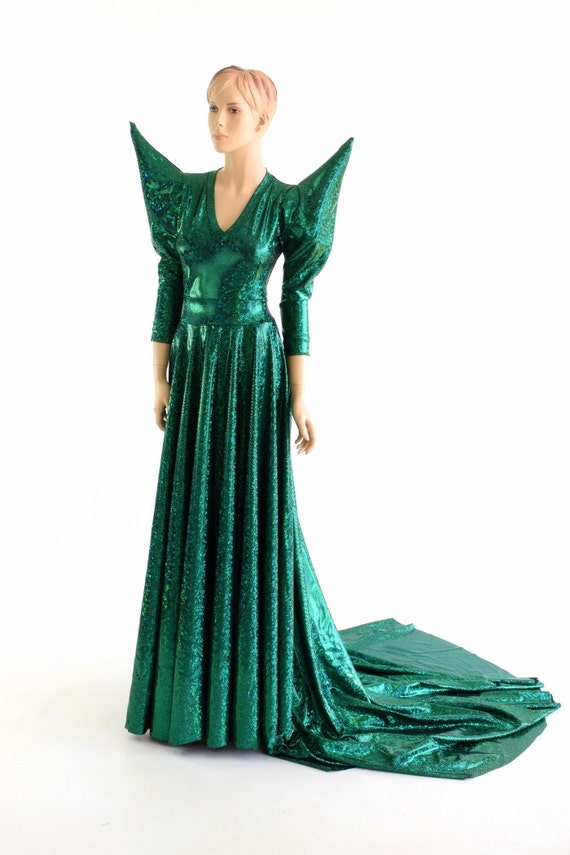 Emerald Green Holographic Circle Cut Puddle Train Gown w V Neckline & 3/4 Length Mega Sharp Shoulder Sleeves in Green Kaleidoscope Emerald Green Holographic Circle Cut Puddle Train Gown w V Neckline & 3/4 Length Mega Sharp Shoulder Sleeves in Green Kaleidoscope