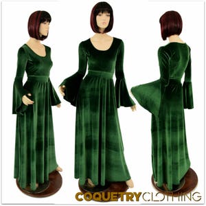 Green Stretch Velvet Renaissance "Fiona" Gown with Trumpet Sleeves and Scoop Neckline-  154782