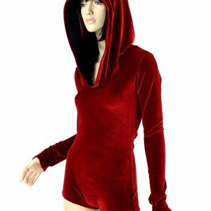 Little Red Riding Hood Red Velvet Long Sleeve Hoodie Romper w/Black Zen Hood Liner and Boy Cut Leg 151561