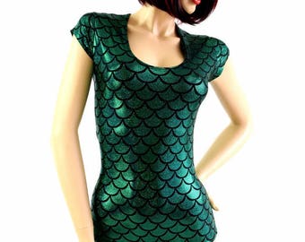 Green Dragon Scale Romper with Scoop Neckline and Cap Sleeves, Boy Cut Leg