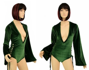 Forest Green Velvet Bell Sleeve Plunging V Neck Romper with Siren Cut Leg and Lace Up Hips  Rave Festival Onsie -