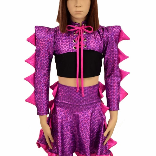 Kids Purple Fish Scale "Spiky Monster" Lace Up Bolero, Top, & Skirt Set w/Pink Sparkly Jewel Spikes and Ties Sizes 2T 3T 4T and 5-12 EMK350
