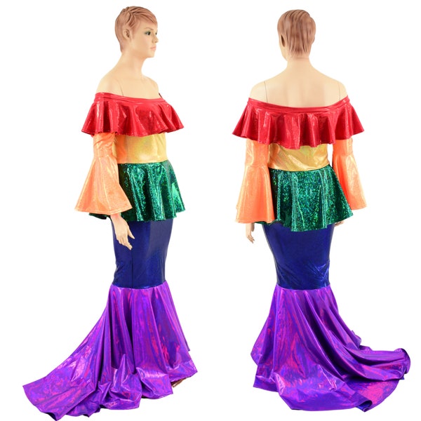 Rainbow Color Blocked Off Shoulder Gown with Puddle Train and Trumpet Sleeves EMK1579260