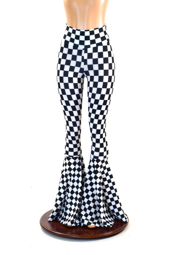 Black and White Checkered UV Glow Bell Bottom Flares Leggings With