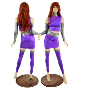 6PC Grape Purple Holographic Sleeveless Turtle Neck Crop Top & Bodycon Skirt Set w/ arm warmers and leg warmers EMK158017
