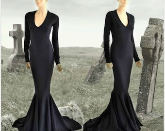 Black Zen Soft Knit Morticia V-Neck Gown with Long Sleeves and Puddle Train 152799