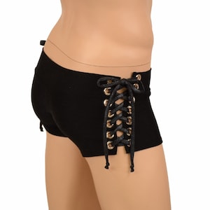 Men&#39;s Low Rise Aruba Lace Up Shorts in Black Zen Soft Knit with Black Holographic Ties - 156690