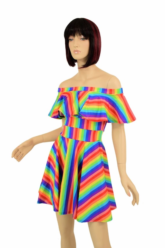 Rainbow Stripe Print Off Shoulder UV GLOW Fit and Flare Skater | Etsy