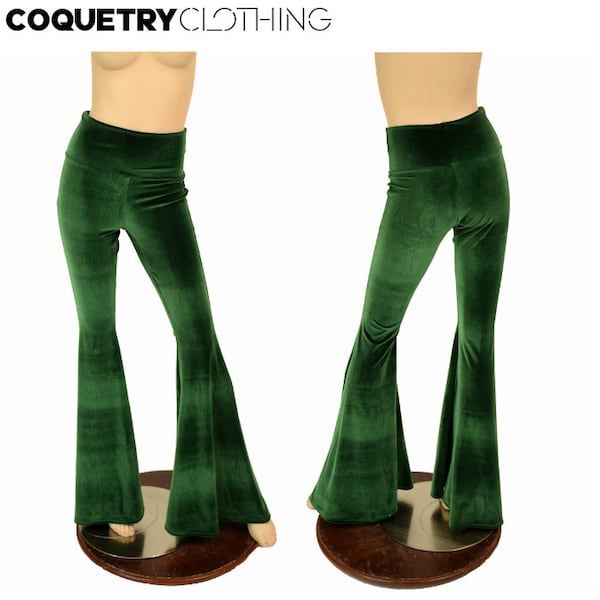 Forest Green Velvet Solar Flare Leggings with High Waist & Stretchy Spandex Fit - 155744