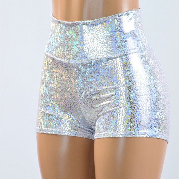 Silver on White Shattered Glass High Waist Shorts