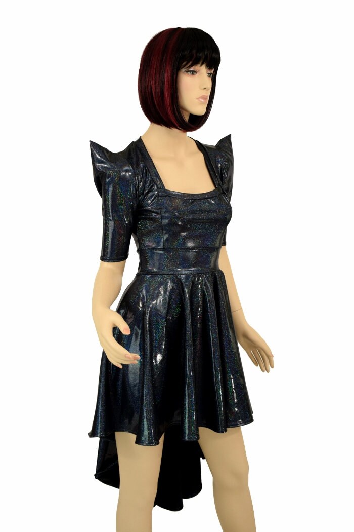 Black Holographic Square Neckline Half Sleeve Sharp Shoulder