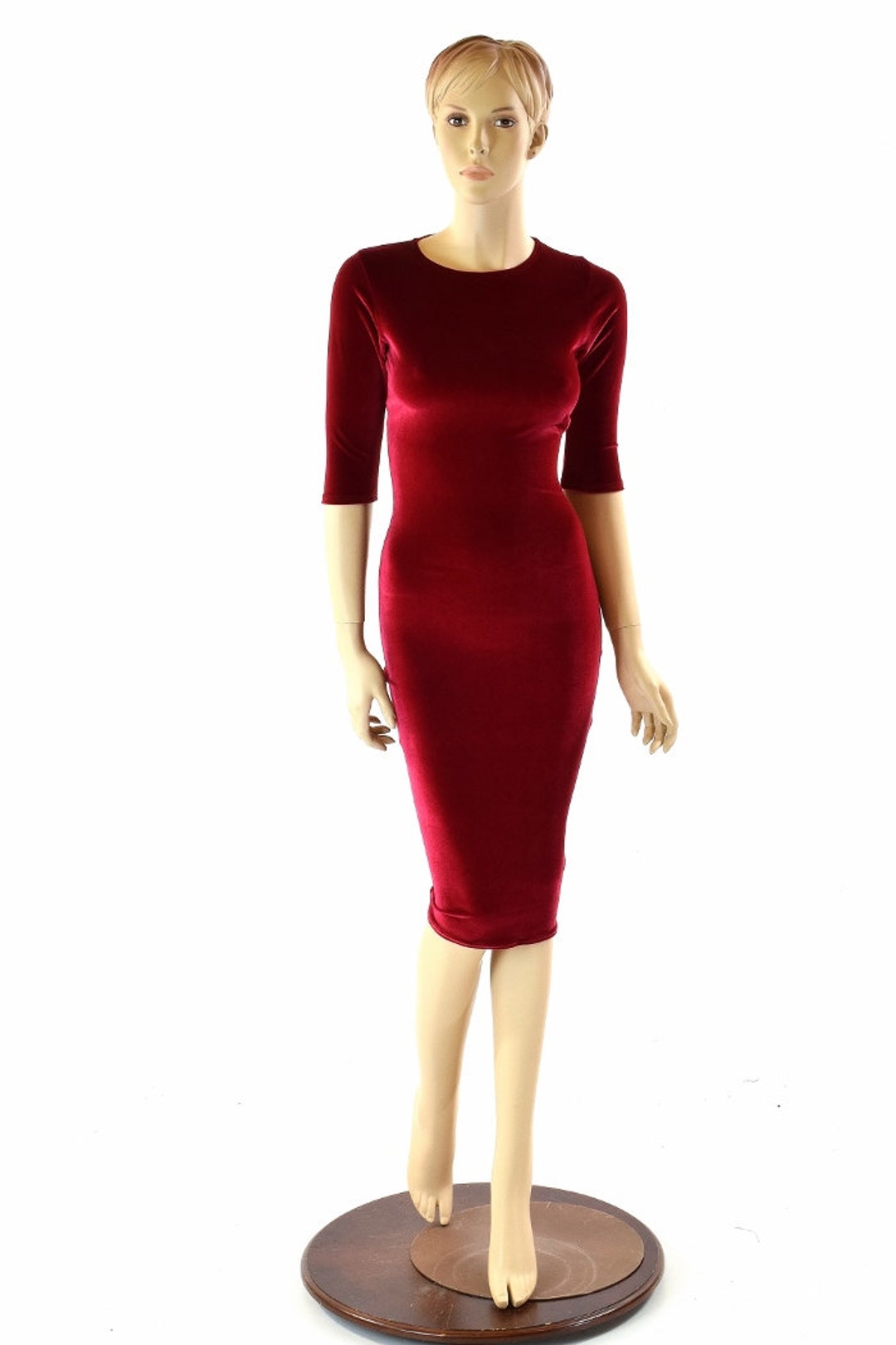 Red Stretch Velvet Half Sleeve Crew Neck Wiggle Dress - Etsy