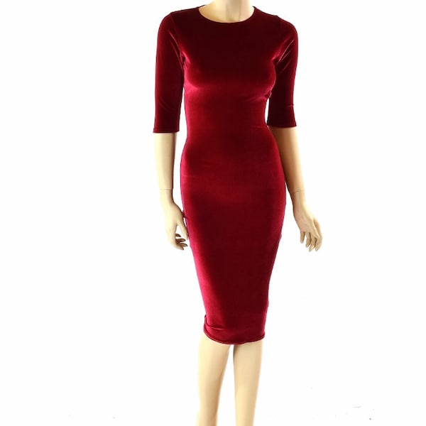 Red Stretch Velvet Half Sleeve Crew Neck Wiggle Dress