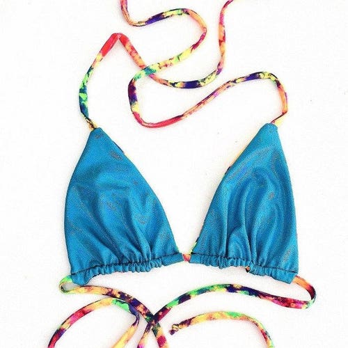 Reversible Triangle Slide Bikini Top in UV GLOW Acid Splash & Peacock Holographic w/Acid Splash Straps Pool Beach Swim - 154678