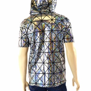 Mens Silver on Black Holographic Cracked Tiles Hoodie Shirt with Short Sleeves & Black Zen Hood Lining 152177 image 4