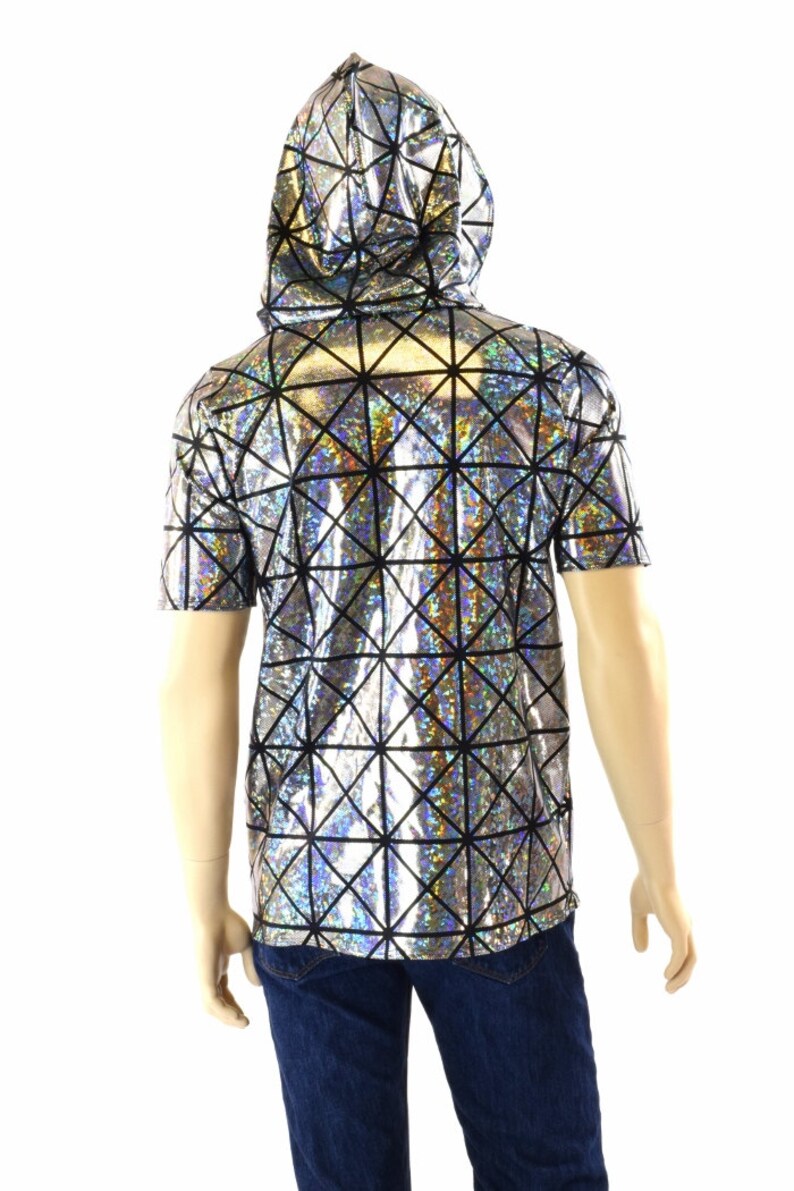 Mens Silver on Black Holographic Cracked Tiles Hoodie Shirt with Short Sleeves & Black Zen Hood Lining 152177 image 4