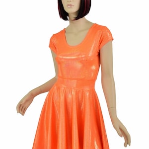 Neon Orange Sparkly Jewel Scoop Neck Cap Sleeve Fit and Flare Skater Skate Dress Rave Festival Clubwear EDM - 154747