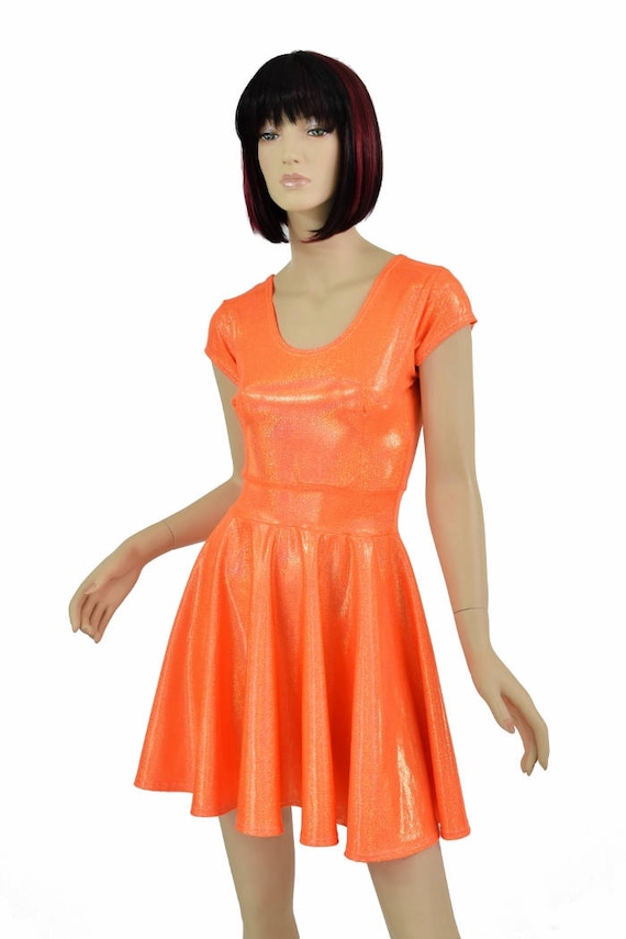 Neon Orange Sparkly Jewel Scoop Neck Cap Sleeve Fit and Flare Skater Skate  Dress Rave Festival Clubwear EDM - - Etsy