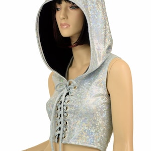Frostbite Shattered Glass Holographic Lace Up Hooded Sleeveless Crop Top with Black Zen Hood Liner  - 156051