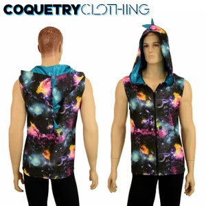 Mens Sleeveless UV Glow Galaxy Dragon Zipper Front Top with Peacock Holographic Hood Lining & Spikes - 151212