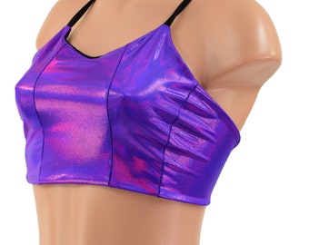 Grape Holographic Strappy Back Criss Cross Halter Top with Black Ties