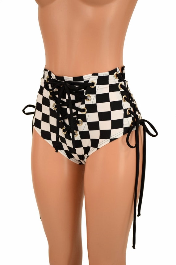 Black & White Checkered High Waist siren Hot Pants With Lace up at Front  and Both Sides // Smooth Black Spandex Ties 156423 