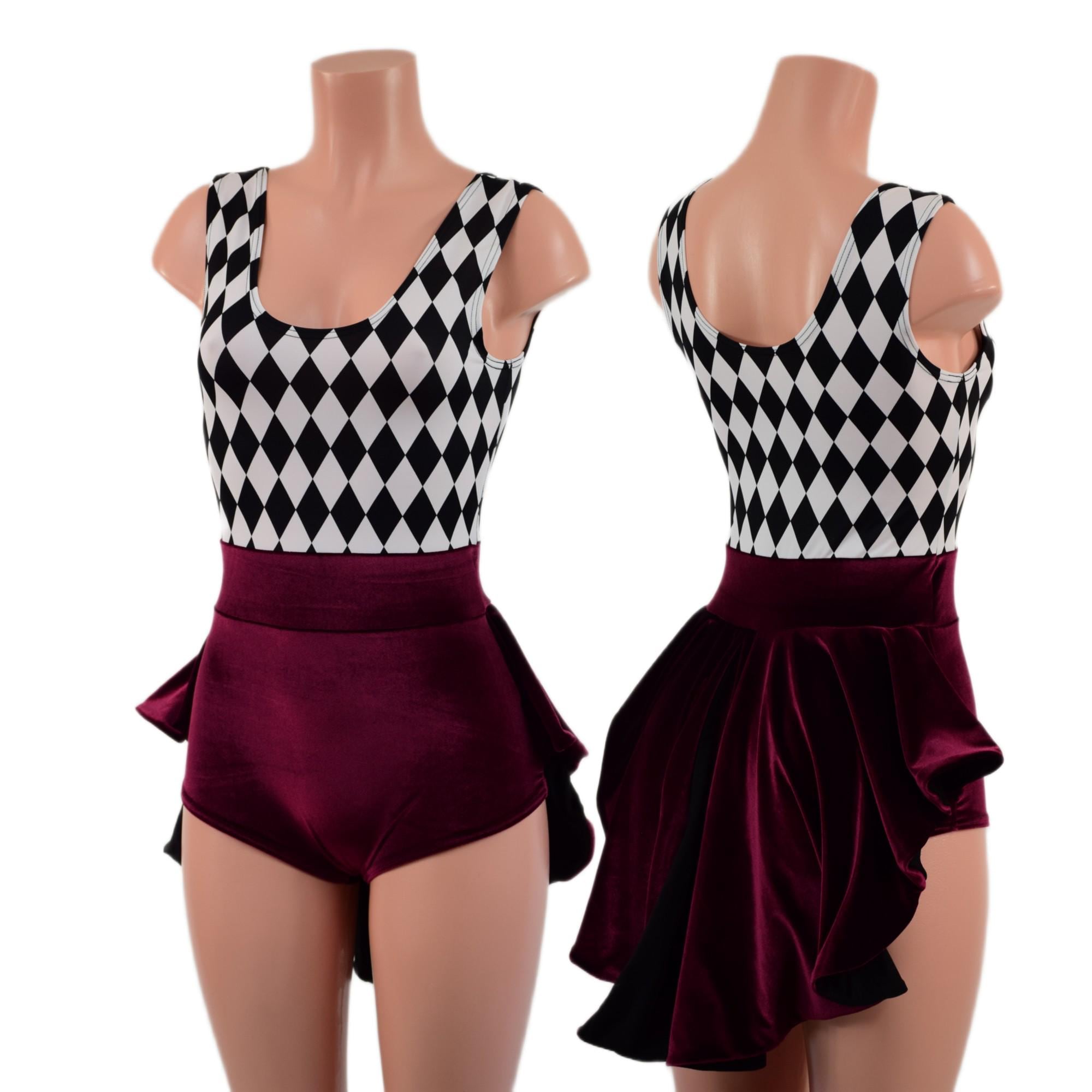 Tank Style Romper with MINI Tux Tails, Bodice in Black & White Diamond, Waistband, Hips and Tails in Burgundy Velvet (Black Mesh Tail Liner)