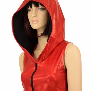 Sleeveless Red Sparkly Jewel Zipper Front Hoodie Crop Top w/Black Zen Hood Lining Rave Festival Clubwear - 155846