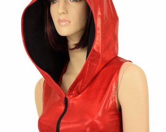 Sleeveless Red Sparkly Jewel Zipper Front Hoodie Crop Top w/Black Zen Hood Lining Rave Festival Clubwear - 155846