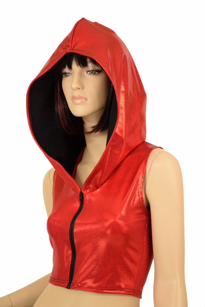 Sleeveless Red Sparkly Jewel Zipper Front Hoodie Crop Top w/Black Zen Hood Lining Rave Festival Clubwear 155846 image 1