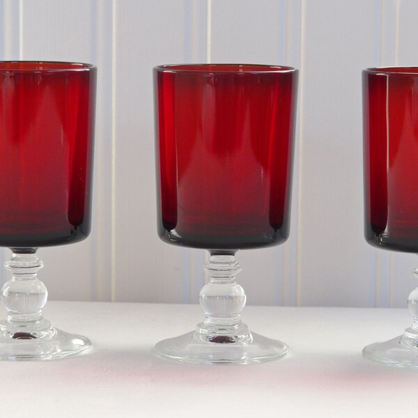 Set of 3 Ruby Red Port / Sherry Wine Glasses – Ball and Wafer Stem - France