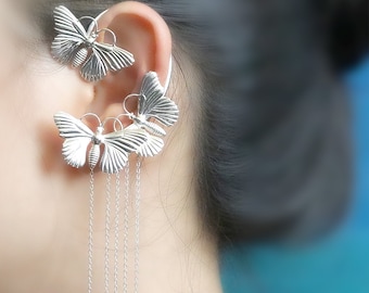 Silver butterfly fringe earcuff