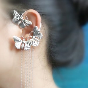 Silver butterfly fringe earcuff
