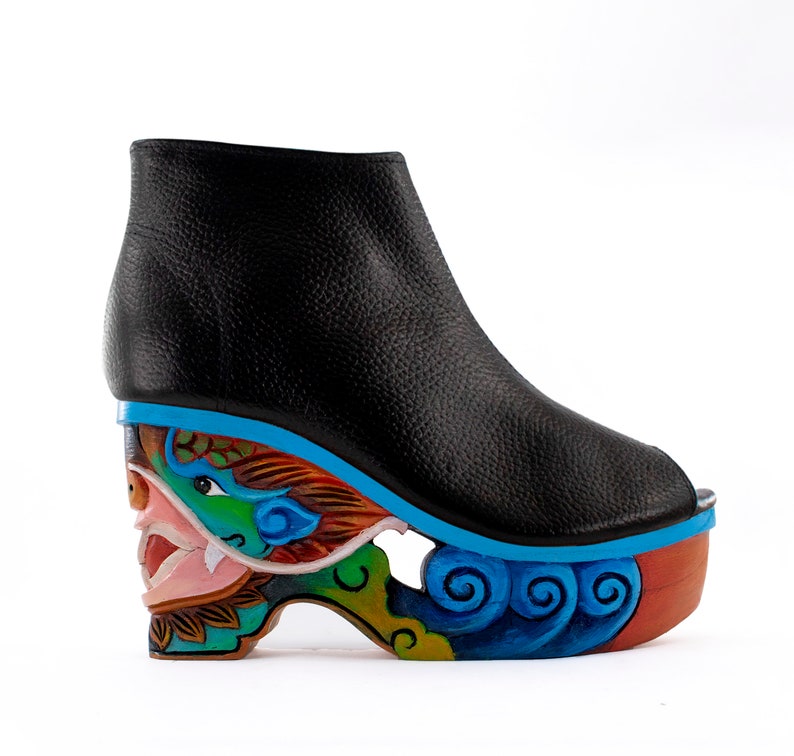 Dragon Blue Handcarved Handpainted Wood Platform Wedge Heel image 2