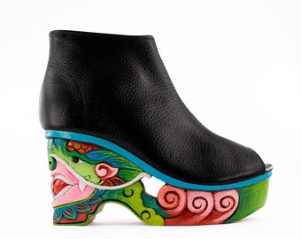 Dragon Green - Handcarved Handpainted Wood Platform Wedge Heel