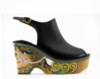 Dragon Yellow - Handcarved Handpainted Wood Platform Wedge Heel