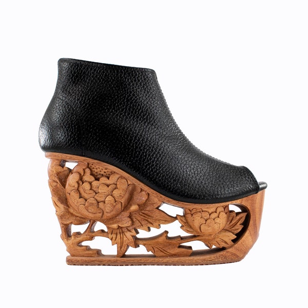 Peony - Hand Carved Wood Platform Wedge Heel