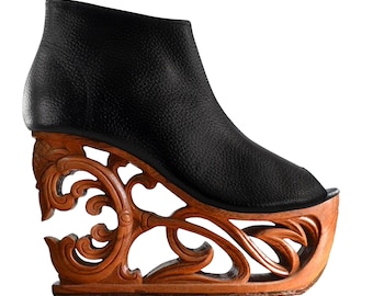 Tiger Lily - Hand Carved Wood Platform Wedge Heel