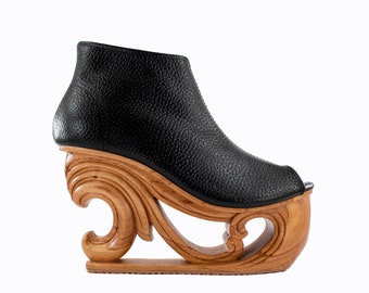 Wave - Hand Carved Wood Platform Wedge Heel