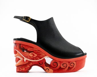 Dragon Red - Handcarved Handpainted Wood Platform Wedge Heel