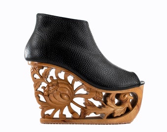 Chrysanthemum - Hand Carved Wood Platform Wedge Heel