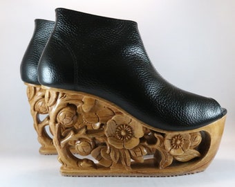 Sakura - Hand Carved Wood Platform Wedge Heel size 35