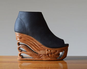 Triad - Hand Carved Wood Platform Wedge Heel size 35